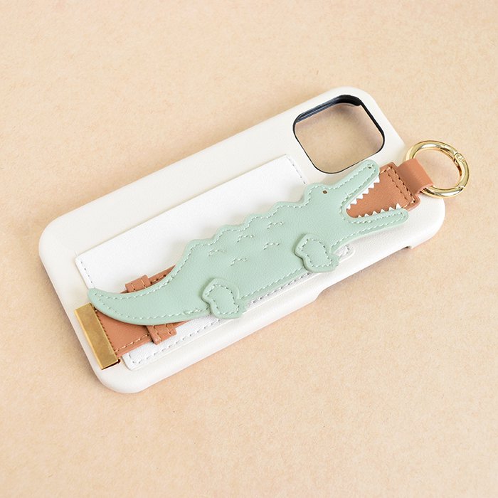 [Pre-order Item] Faux leather crocodile/shark pattern iPhone case with anti-slip wristband and clip design, also suitable for hanging rope (2 styles available, compatible with iPhone 12/12 Pro and iPhone 13/13 Pro) SH0046