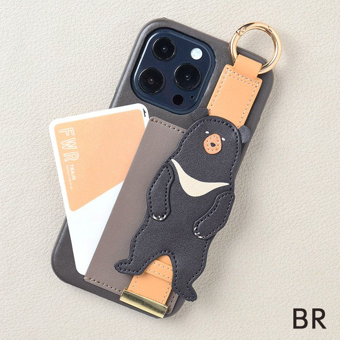 [Pre-order Item] Faux leather iPhone case with black bear/rabbit design, featuring anti-slip wristband and clip slots, and can also be used with a lanyard (2 designs available, compatible with iPhone 13/13 Pro) SH0092 
