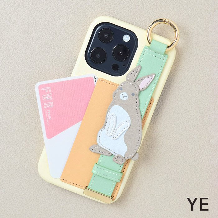 [Pre-order Item] Faux leather iPhone case with black bear/rabbit design, featuring anti-slip wristband and clip slots, and can also be used with a lanyard (2 designs available, compatible with iPhone 13/13 Pro) SH0092 