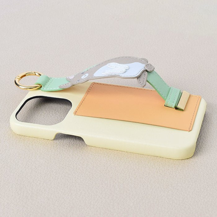 [Pre-order Item] Faux leather iPhone case with black bear/rabbit design, featuring anti-slip wristband and clip slots, and can also be used with a lanyard (2 designs available, compatible with iPhone 13/13 Pro) SH0092 